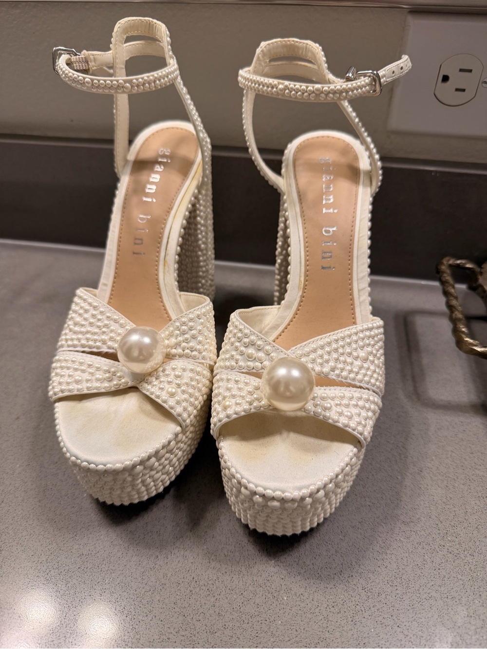 Gianni Bini Ivory Pearl-Embellished Platform Sandals